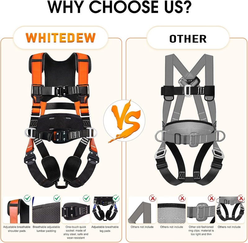 Whitedew Fall Protection Premium Safety Harness with Shock Absorbing Lanyard, Vented & Padded Shoulder, Legs & Back - Upgrade 4 Quick Buckles (Orange) - Image 4